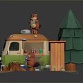Cute Food Truck Scene With Squirrel Pine Tree Wooden Shed And Stump Table