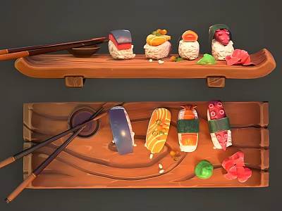 Assorted Fresh Sushi Pieces On Bamboo Tray With Chopsticks And Garnishes 3d model