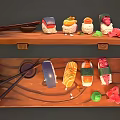Assorted Fresh Sushi Pieces On Bamboo Tray With Chopsticks And Garnishes