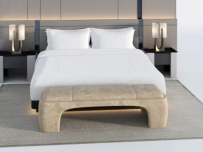 Background Double Bed with White Sheets Pillows Gray Headboard Nightstands Lamps Bench and Gray Carpet 3d model
