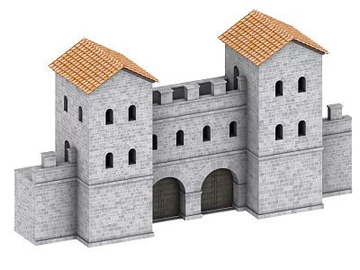 Castle Style Building Exterior Wall With Gray Stone Arched Door And Orange Tile Roof 3d model