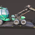 Green Forestry Machine With Long Arm Large Tires On Black Platform 3d model