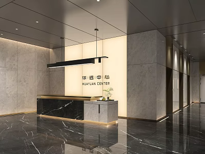 Elegant Modern Reception Desk Interior Design With Marble Counter And Ambient Lighting 3d model