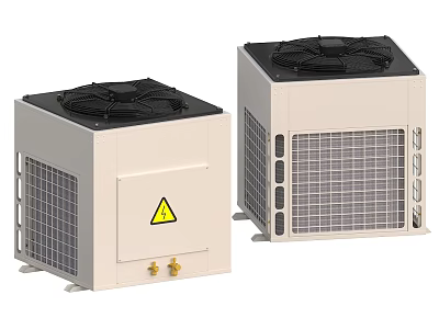 Industrial Cooling Units Featuring Black Fan Tops White Enclosures Yellow Warning Sign And Brass Fittings 3d model