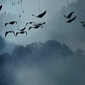 Ethereal Bird Shaped Chandeliers Hanging Over Ink Painting Mountain And Light Blue Gray Sky