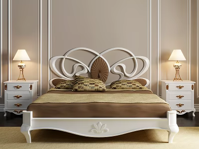 Classic Double Bed With White Carved Headboard Brown Bedspread Patterned Pillows Nightstands And Table Lamps 3d model