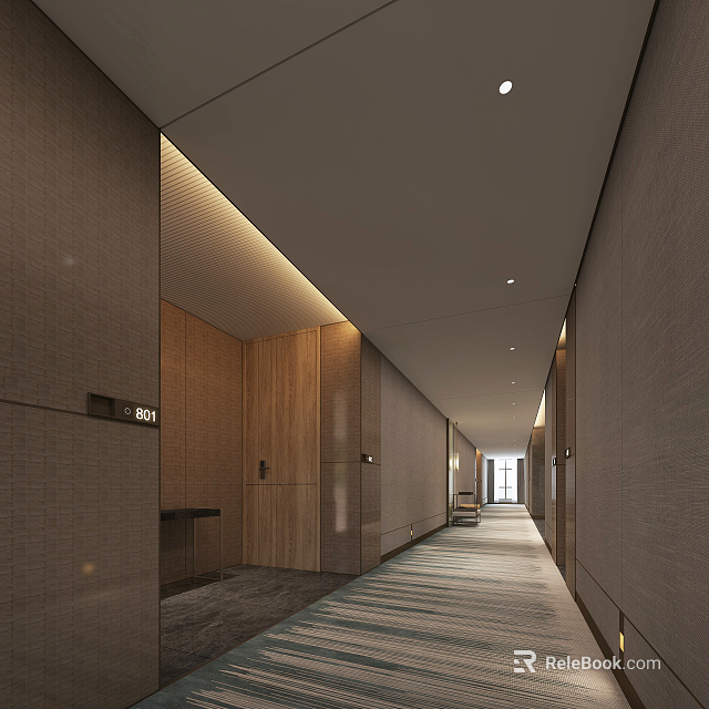 Modern Hotel Corridor Design With Soft Lighting Patterned Carpet And Wooden Wall Panels 3d model 