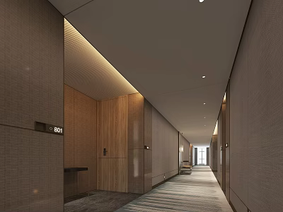 Modern Hotel Corridor Design With Soft Lighting Patterned Carpet And Wooden Wall Panels 3d model