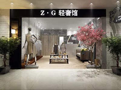 Elegant Clothing Store Interior With Mannequins Clothing Displays Cherry Blossom Tree And Green Plants 3d model