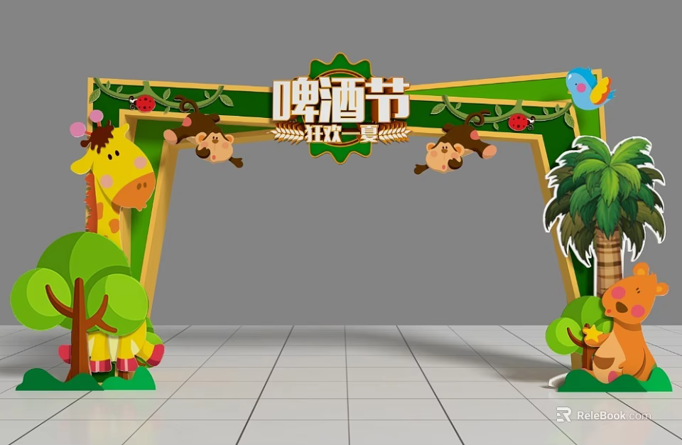 Colorful Cartoon Style Beer Festival Arch With Monkeys Giraffe Palm Trees and Fruits 3d model