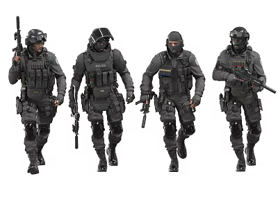 Group of four armed special forces operatives in black tactical gear walking with weapons 3d model