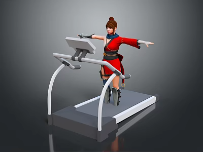 Doll Standing On Fitness Treadmill With Red Outfit And Brown Hair 3d model