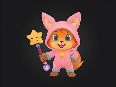 Cute Cartoon Fox Character In Pink Hoodie Holding Star Shaped Magic Wand 3d model
