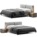 Modern Upholstered Double Bed With Grey Headboard White Pillows And Wooden Bedside Table