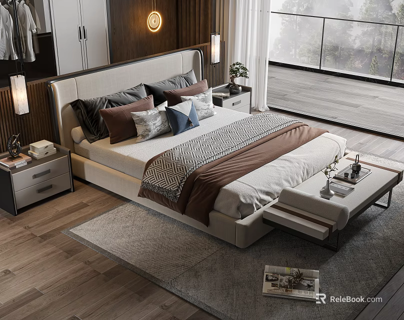Modern Double Bed Interior Design With Upholstered Headboard Pillows And Nightstands 3d model