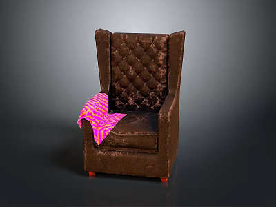 Brown Tufted Armchair With Diamond Pattern Backrest Pink Purple Striped Blanket And Red Legs 3d model