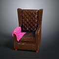 Brown Tufted Armchair With Diamond Pattern Backrest Pink Purple Striped Blanket And Red Legs