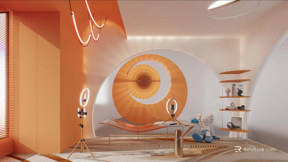 Modern Room Interior With Creative Decor Circular Neon Lights And Hammock 3d model 