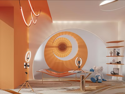 Modern Room Interior With Creative Decor Circular Neon Lights And Hammock 3d model