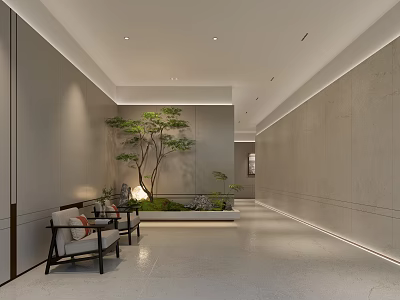 Modern Office Corridor Interior With Gray Walls Seating Green Plants And Soft Lighting 3d model