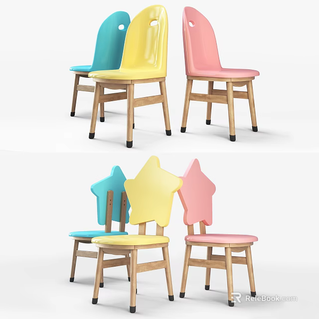 Cute Star Shaped Backrest Children's Chairs With Wooden Legs And Colorful Design For Kids Room 3d model 