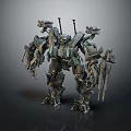 Mechanical Robot Character Featuring Biomechanical Structure Multiple Weapons And Metallic Armor