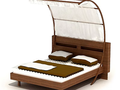 Wooden Double Bed With Arched Canopy White Fabric Pillows And Brown White Mattress 3d model