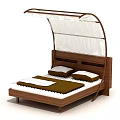 Wooden Double Bed With Arched Canopy White Fabric Pillows And Brown White Mattress