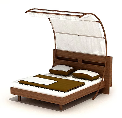 Wooden Double Bed With Arched Canopy White Fabric Pillows And Brown White Mattress 3d model