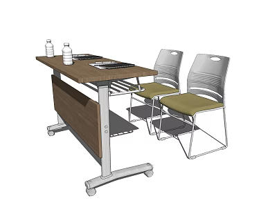 Modern Desk With Brown Wooden Top Metal Frame Green Seats Chairs Water Bottles Notebook 3d model