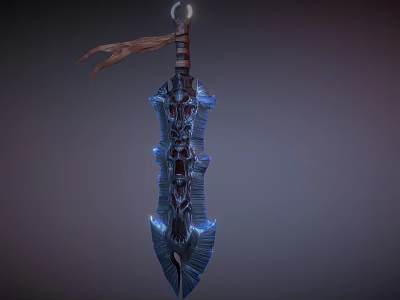 Fantasy Sword With Blue Glowing Blades Intricate Patterns And Brown Cloth Hilt 3d model