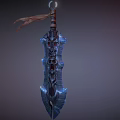 Fantasy Sword With Blue Glowing Blades Intricate Patterns And Brown Cloth Hilt