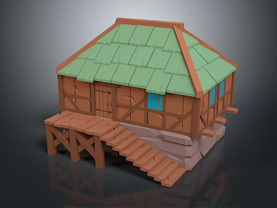 Traditional Rustic Wooden Cottage Exterior With Green Roof Blue Windows And Wooden Steps 3d model