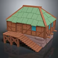 Traditional Rustic Wooden Cottage Exterior With Green Roof Blue Windows And Wooden Steps