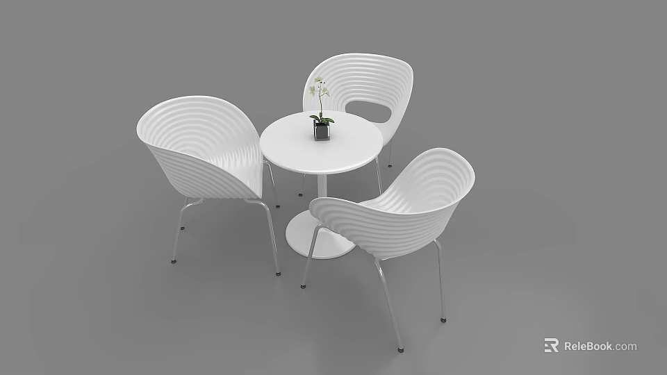 Modern White Round Negotiation Table and Striped Chairs with Small Potted Plant in Minimalist Interior 3d model 