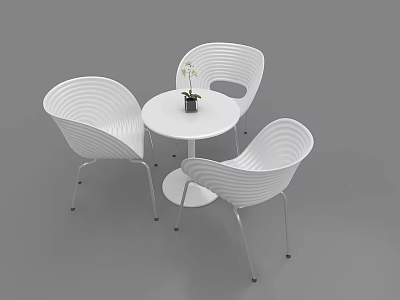 Modern White Round Negotiation Table and Striped Chairs with Small Potted Plant in Minimalist Interior 3d model