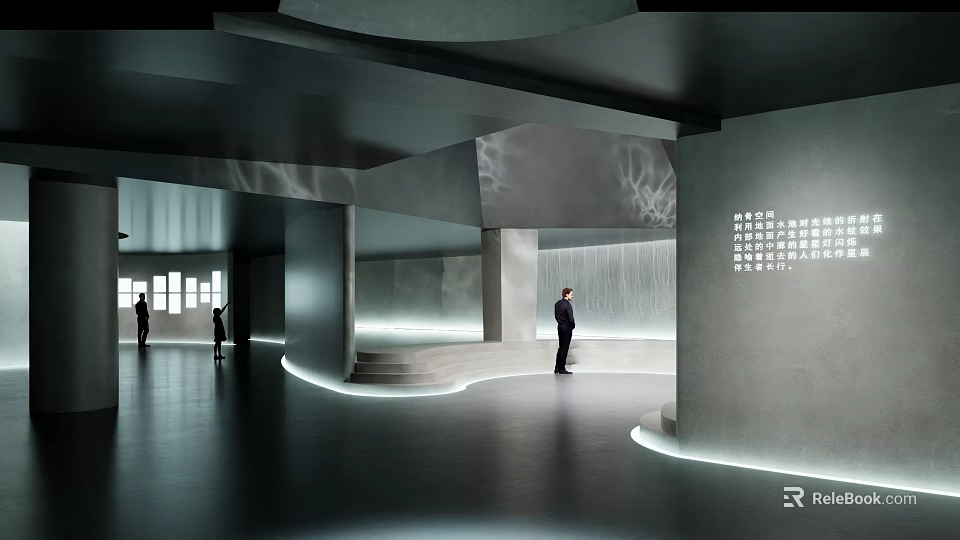 Contemporary Modern Interior Space Featuring Geometric Structures Ambient Lighting And People 3d model 