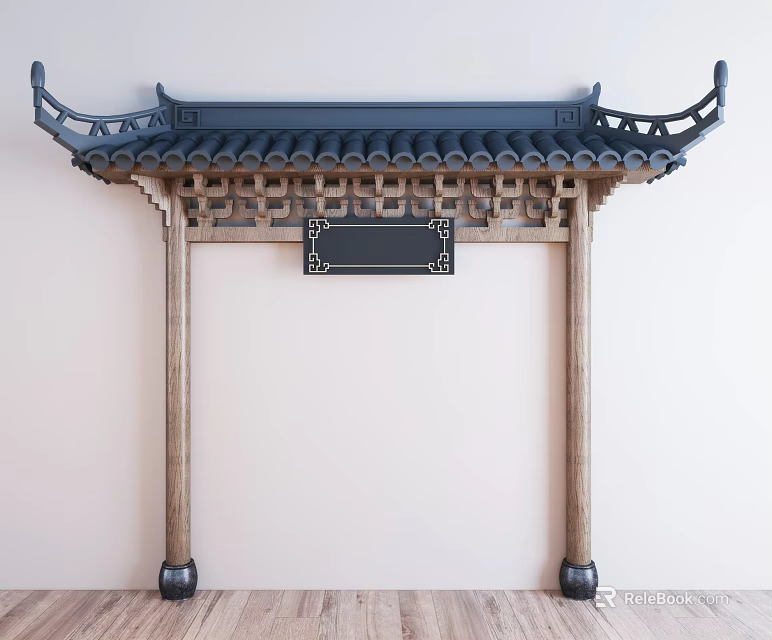 Classic Traditional Chinese Architectural Component with Overhanging Eaves Blue Tiled Roof and Black Plaque 3d model 