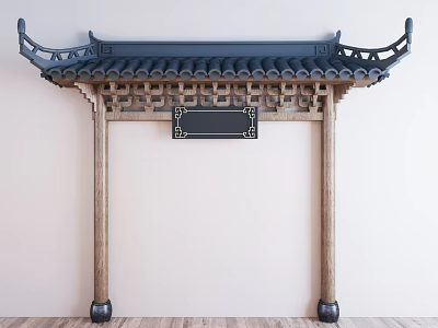 Classic Traditional Chinese Architectural Component with Overhanging Eaves Blue Tiled Roof and Black Plaque 3d model