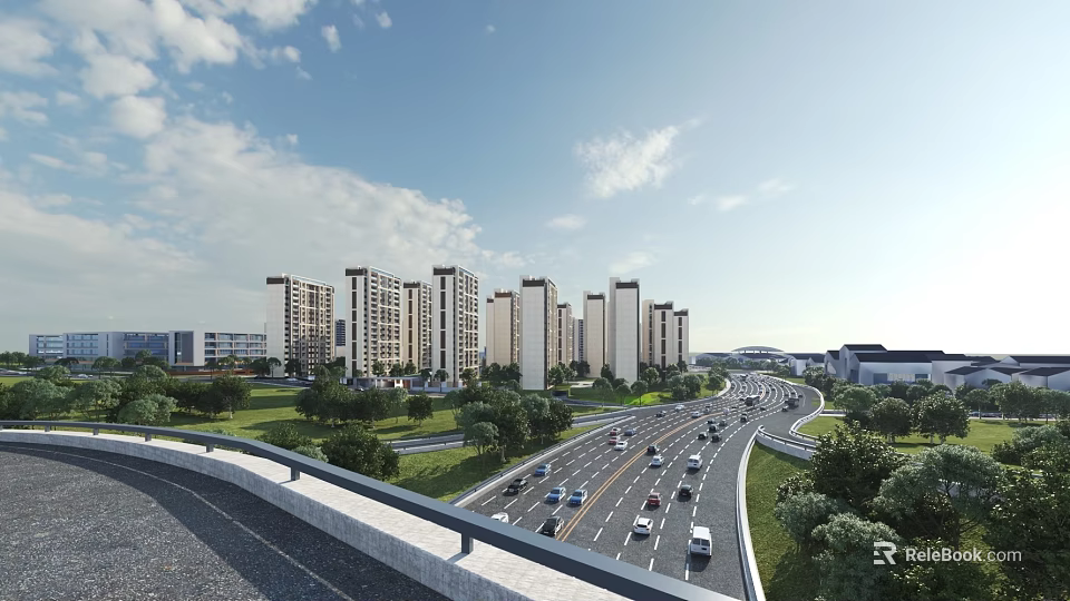 Tall Modern Residential Buildings Along Highway With Greenery Blue Sky And White Clouds 3d model 
