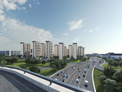 Tall Modern Residential Buildings Along Highway With Greenery Blue Sky And White Clouds 3d model