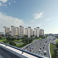 Tall Modern Residential Buildings Along Highway With Greenery Blue Sky And White Clouds
