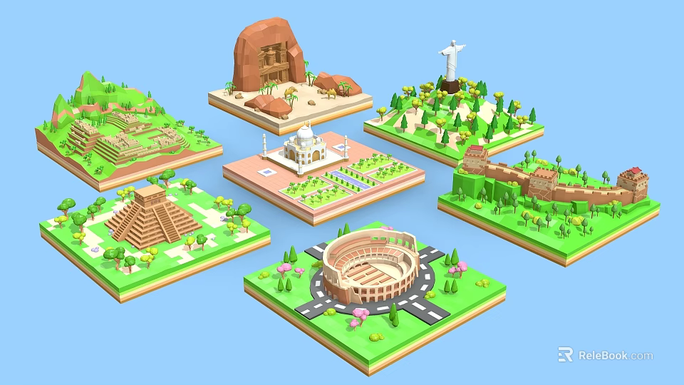 Cartoon Scene 3D World Famous Landmarks Models With Green Bases And Trees 3d model 