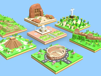 Cartoon Scene 3D World Famous Landmarks Models With Green Bases And Trees 3d model