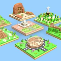 Cartoon Scene 3D World Famous Landmarks Models With Green Bases And Trees