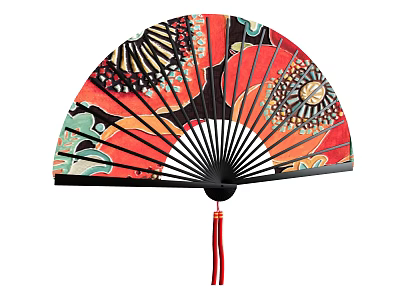 Traditional Decorative Ornament Set With Colorful Patterned Hand Fan And Red Tassel 3d model