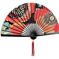 Traditional Decorative Ornament Set With Colorful Patterned Hand Fan And Red Tassel