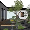Zen Courtyard Garden With Wooden Pathway Stone Steps Garden Lanterns And Green Plants