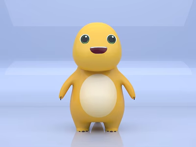 Yellow Cartoon Man With Big Eyes White Belly Standing On Light Blue Background 3d model