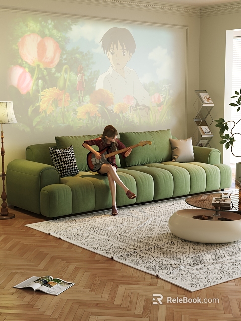 Cozy Living Room Interior With Green Sofa Floral Projected Wall Floor Lamp And Wooden Floor 3d model 